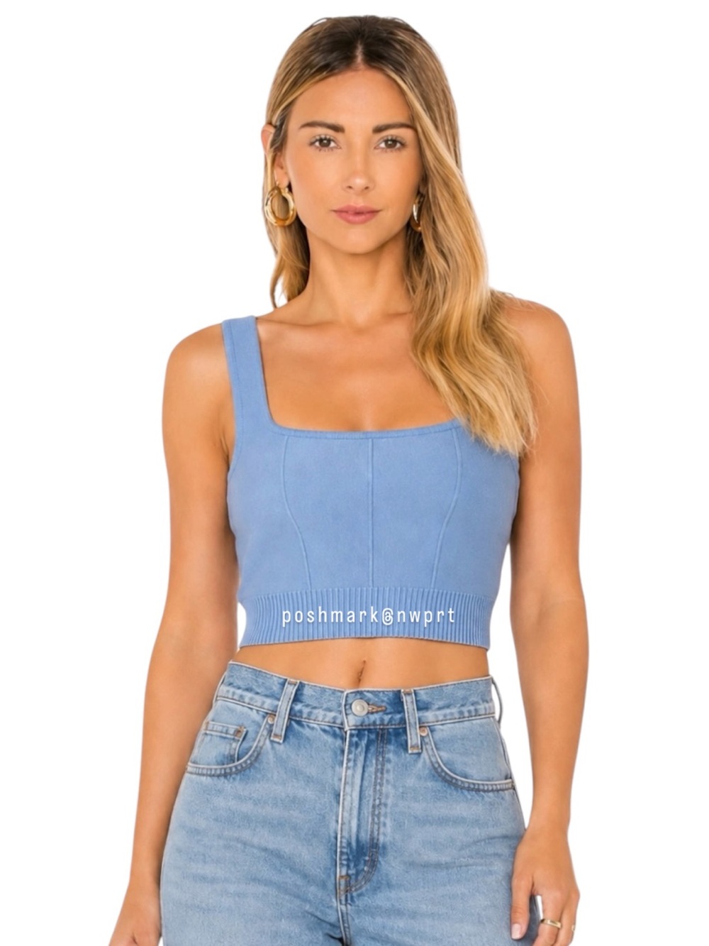 ASTR The Label 💙 Shaylla Square Neck Tank Crop Top Slate Blue S Small